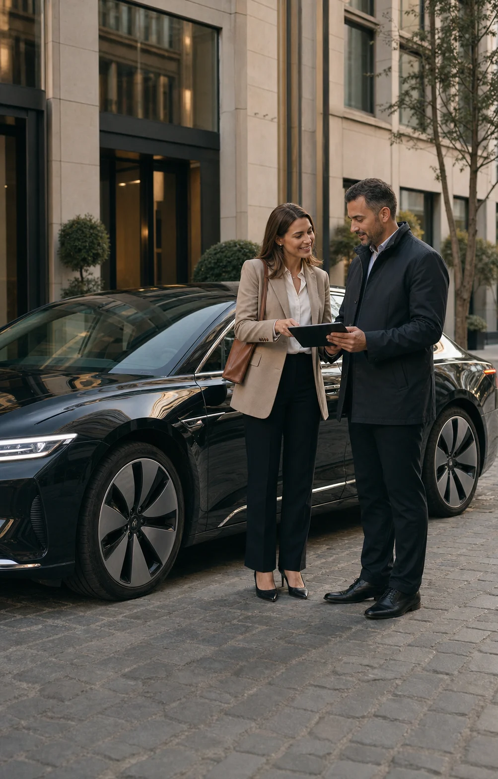 Chauffeur et cliente professionnelle préparent ensemble l'itinéraire de la journée