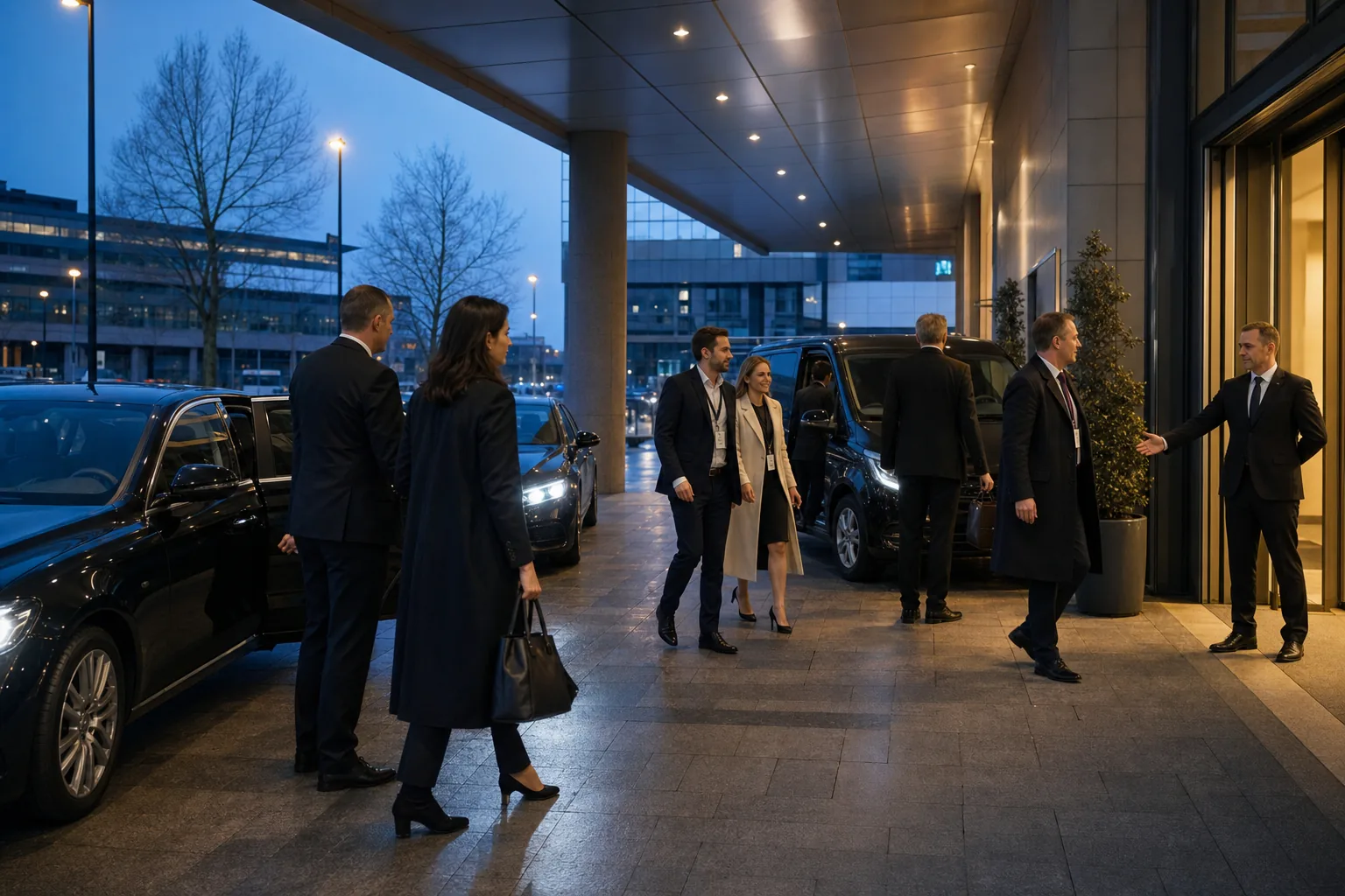 Coordination de plusieurs véhicules et invités devant un lieu d'événement